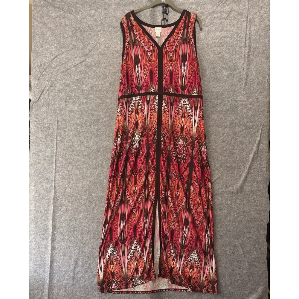 Chicos Maxi Dress Womens Sz 3 US 16 Brown Dark Pink Stretch Sleeveless Boho Chic